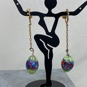 Vintage Chain Dangle Art Glass & Enamel Screw Back Earrings 2.25"